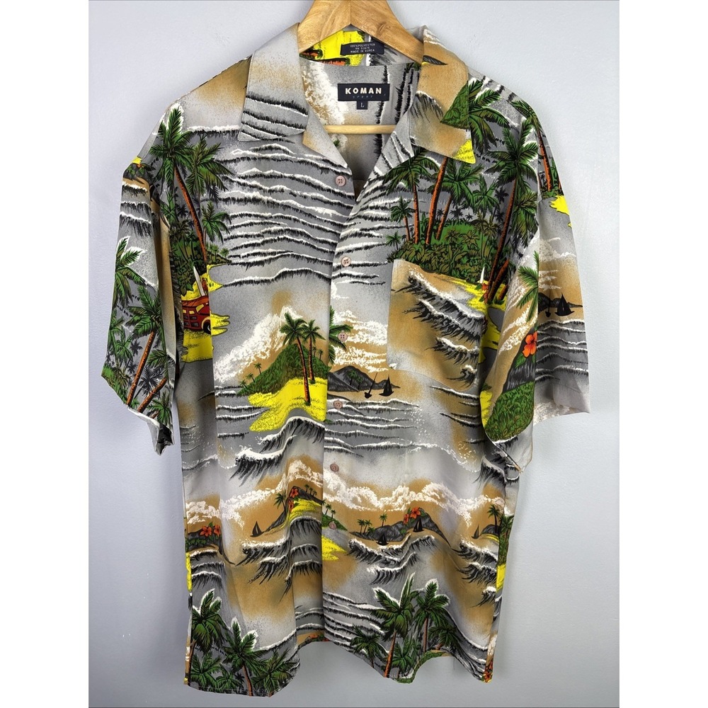 Koman Sport Hawaiian Shirt Mens L Blue Hawaii Wind Surfing Waves 100% Polyester